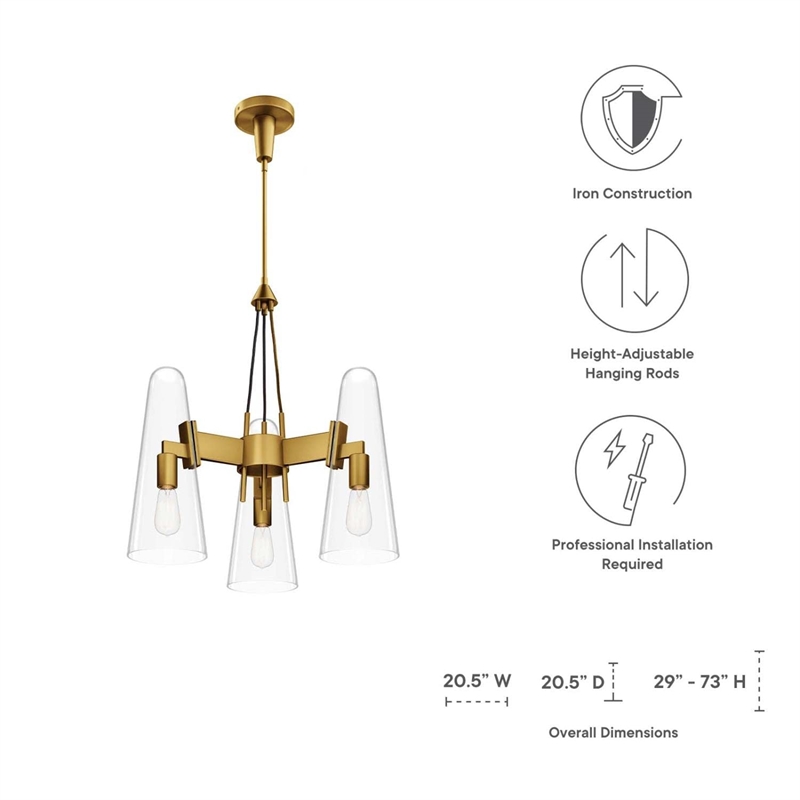 Modway Beacon 3-Light Metal and Glass Pendant Light in Clear/Satin Brass