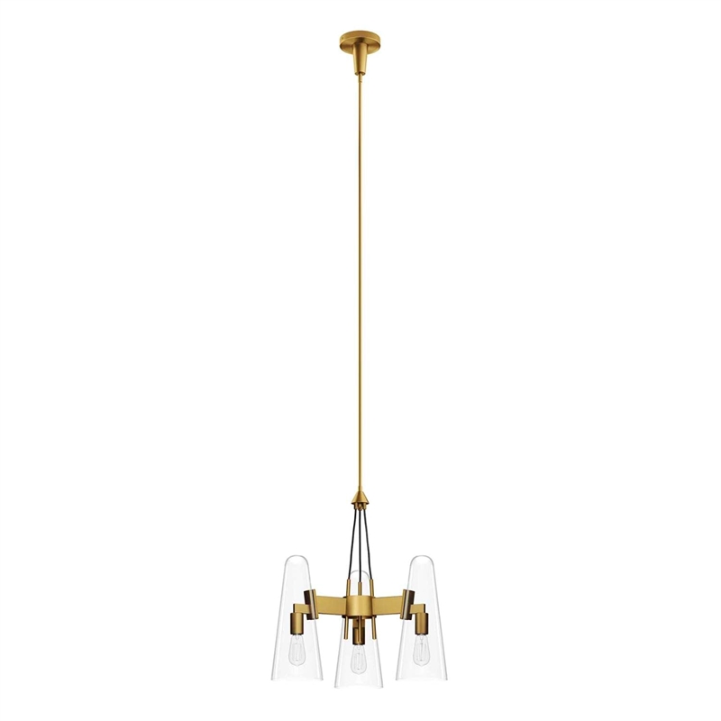 Modway Beacon 3-Light Metal and Glass Pendant Light in Clear/Satin Brass