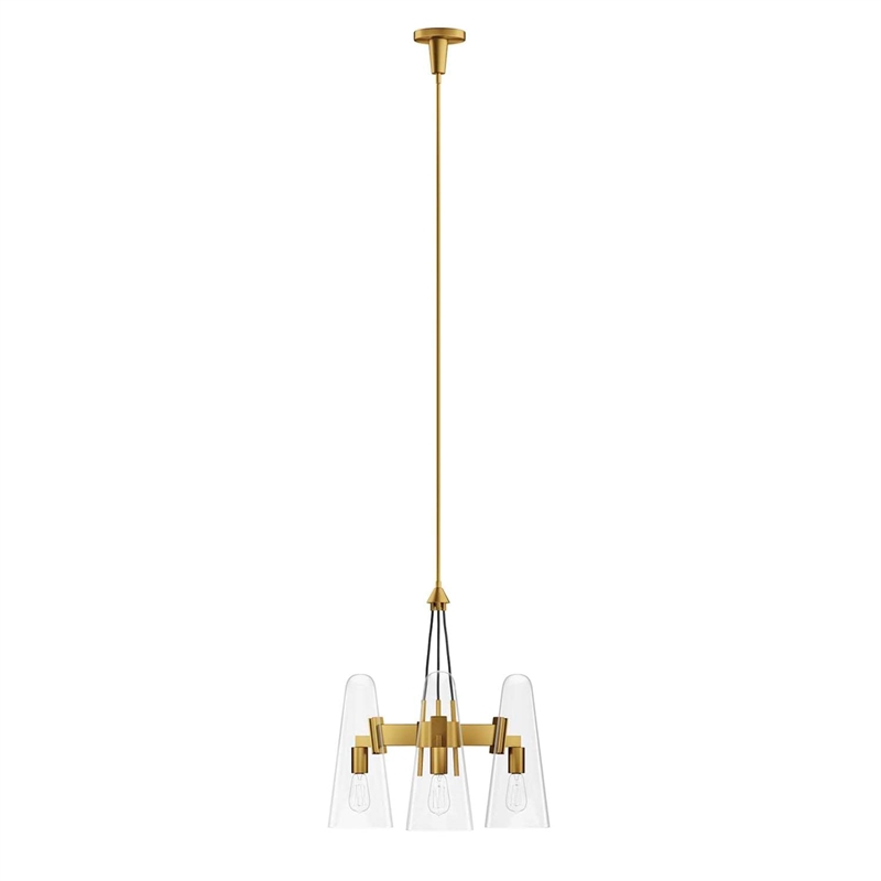 Modway Beacon 3-Light Metal and Glass Pendant Light in Clear/Satin Brass