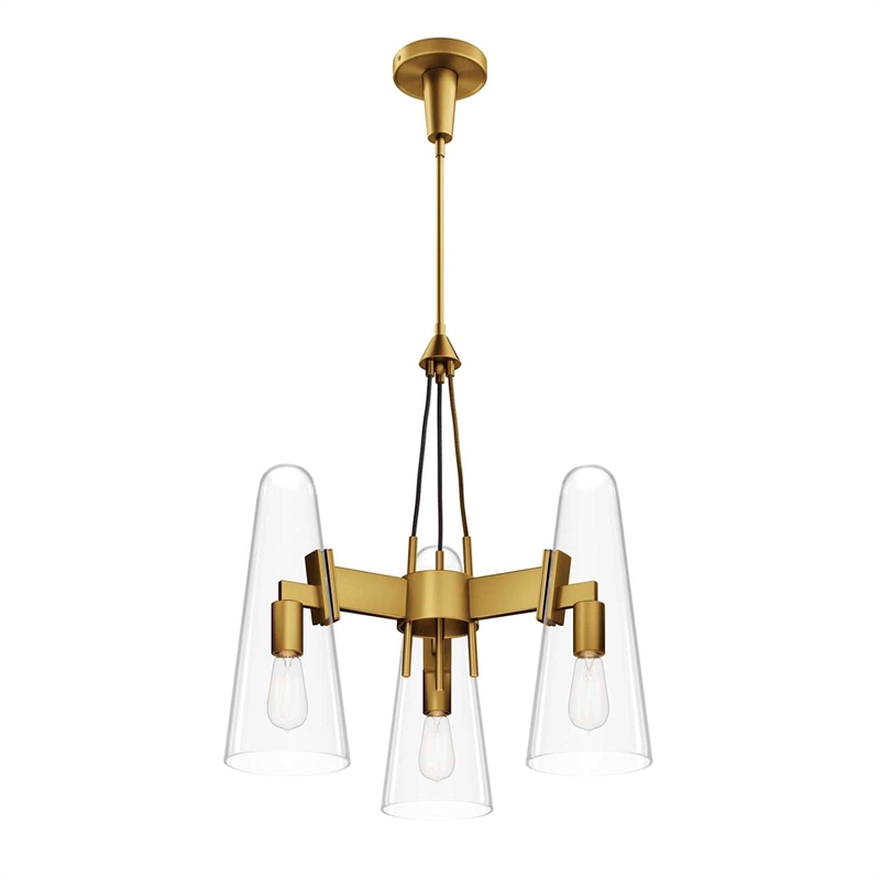 Modway Beacon 3-Light Metal and Glass Pendant Light in Clear/Satin Brass