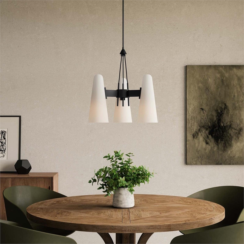 Modway Beacon 3-Light Metal and Glass Pendant Light in Opal/Black