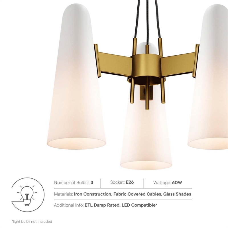 Modway Beacon 3-Light Metal and Glass Pendant Light in Opal/Satin Brass