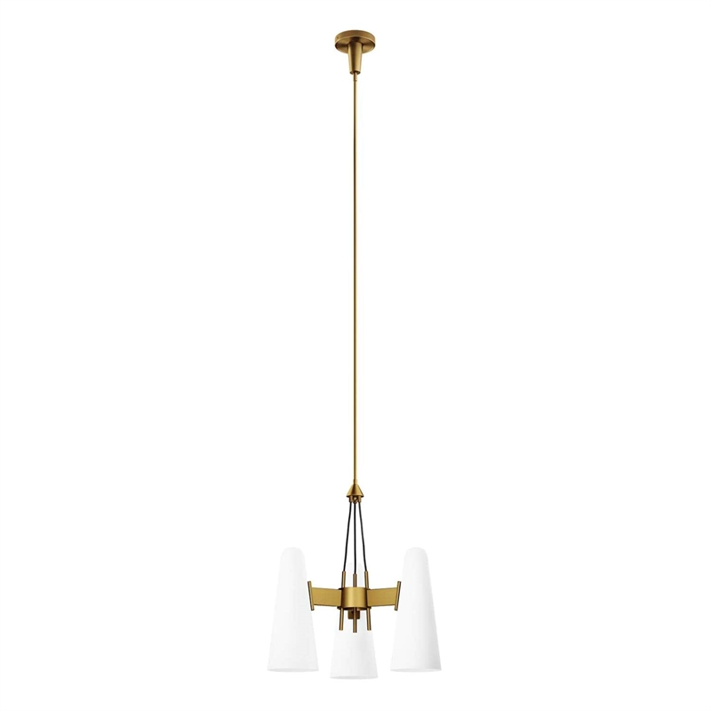 Modway Beacon 3-Light Metal and Glass Pendant Light in Opal/Satin Brass
