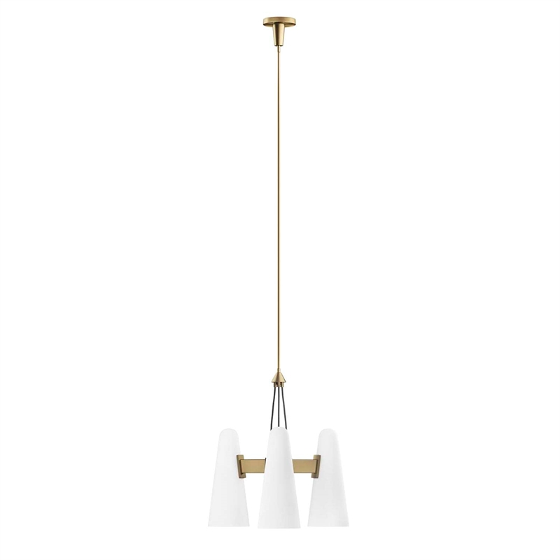 Modway Beacon 3-Light Metal and Glass Pendant Light in Opal/Satin Brass