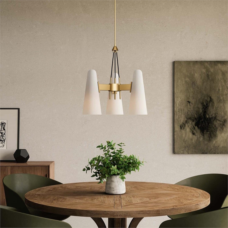 Modway Beacon 3-Light Metal and Glass Pendant Light in Opal/Satin Brass