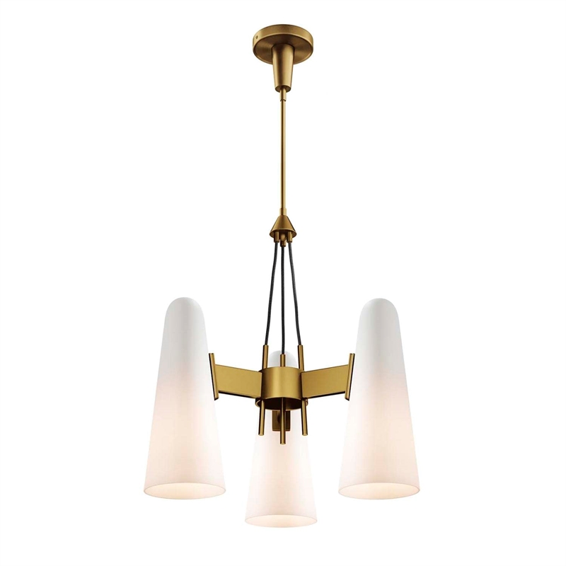 Modway Beacon 3-Light Metal and Glass Pendant Light in Opal/Satin Brass
