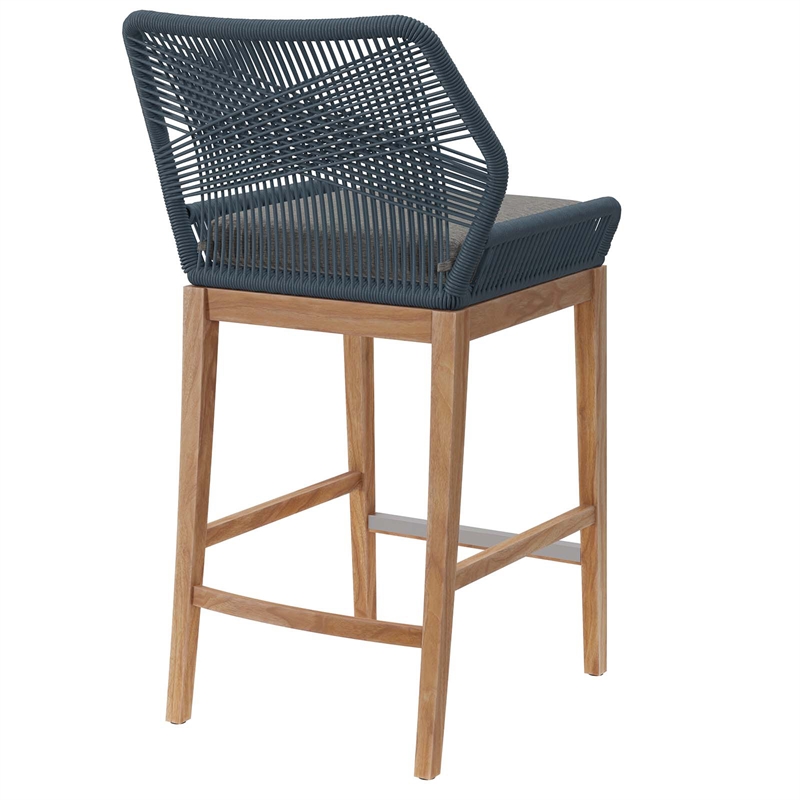 Modway Wellspring Outdoor Patio Teak Wood Bar Stool in Blue/Graphite