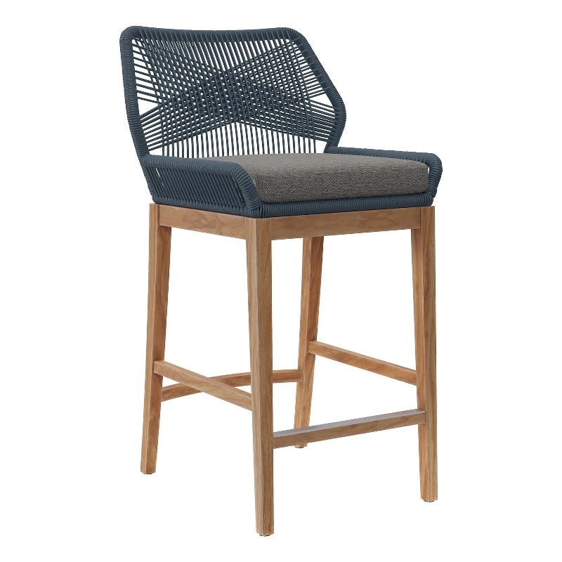 Modway Wellspring Outdoor Patio Teak Wood Bar Stool in Blue/Graphite