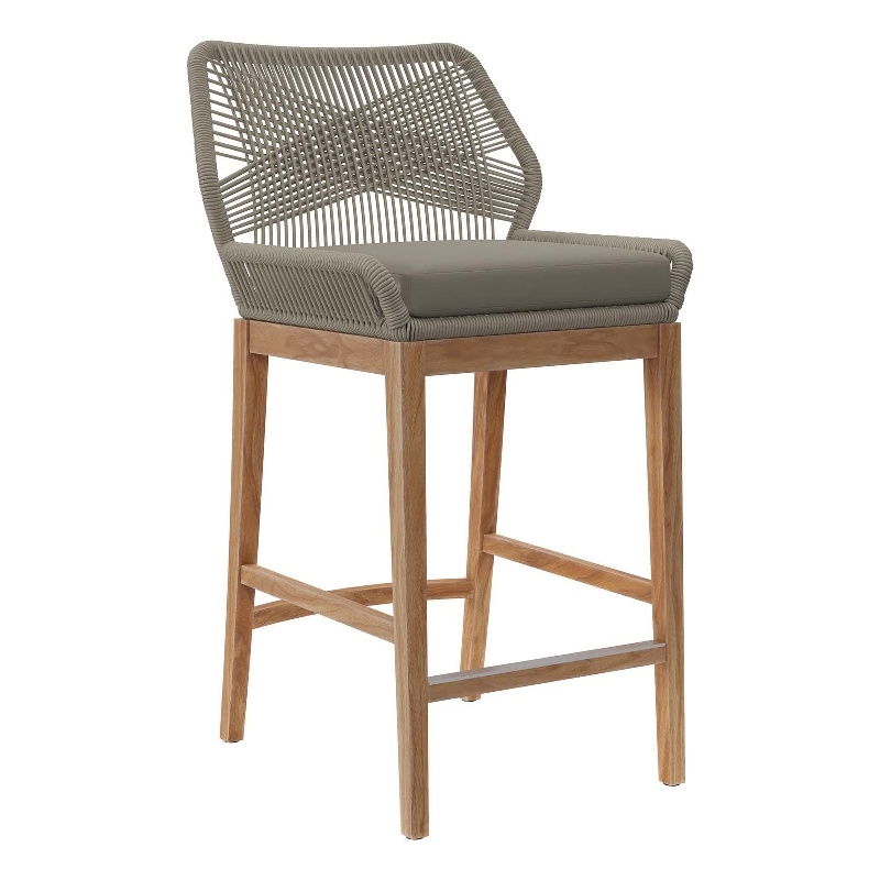 Modway Wellspring Outdoor Patio Teak Wood Bar Stool in Light Gray/Greige