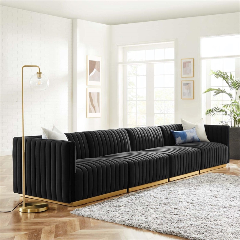 Modway Conjure 4-Piece Velvet and Stainless Steel Sofa in Gold/Black