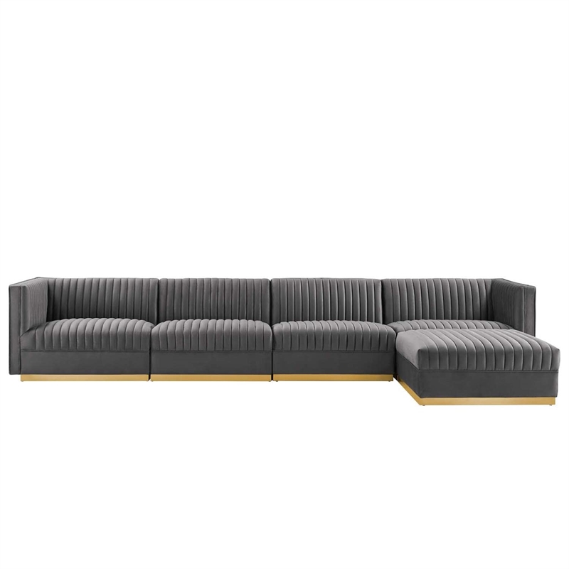 Modway Sanguine 5-Piece Velvet Modular Sectional Sofa in Gray