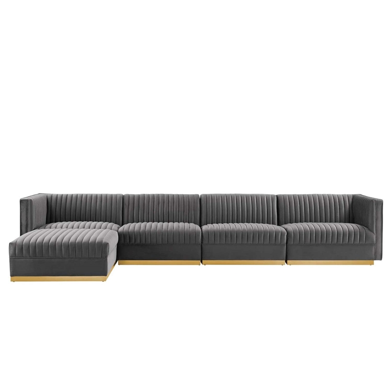 Modway Sanguine 5-Piece Velvet Modular Sectional Sofa in Gray