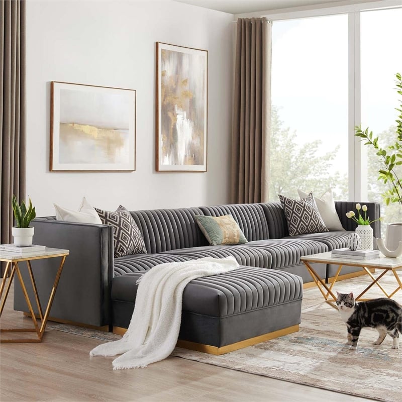 Modway Sanguine 5-Piece Velvet Modular Sectional Sofa in Gray