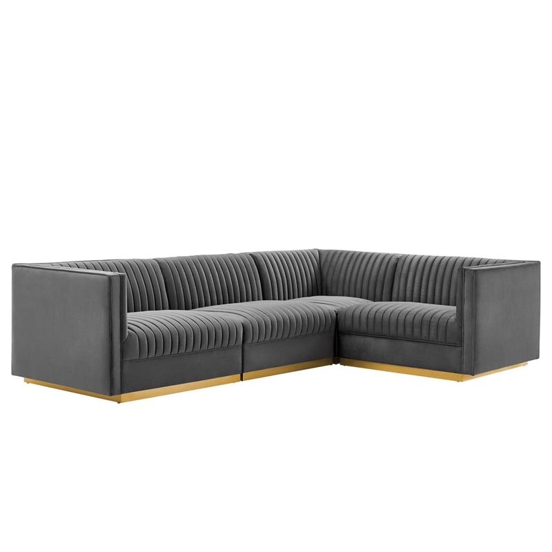Modway Sanguine 4-Piece Velvet Right-Facing Modular Sectional Sofa in Gray