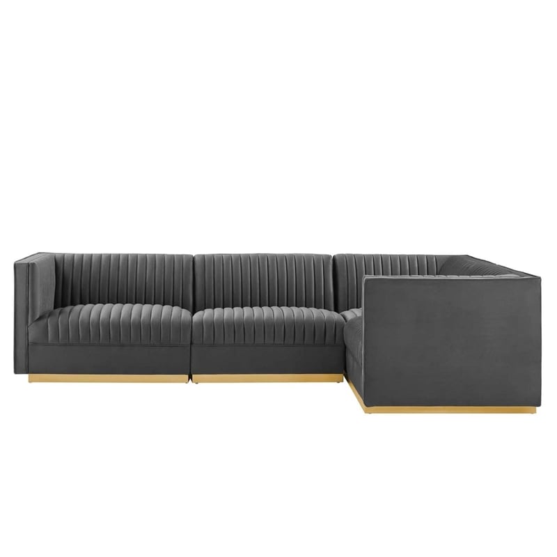 Modway Sanguine 4-Piece Velvet Right-Facing Modular Sectional Sofa in Gray