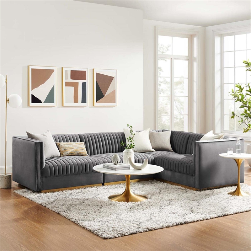 Modway Sanguine 4-Piece Velvet Right-Facing Modular Sectional Sofa in Gray