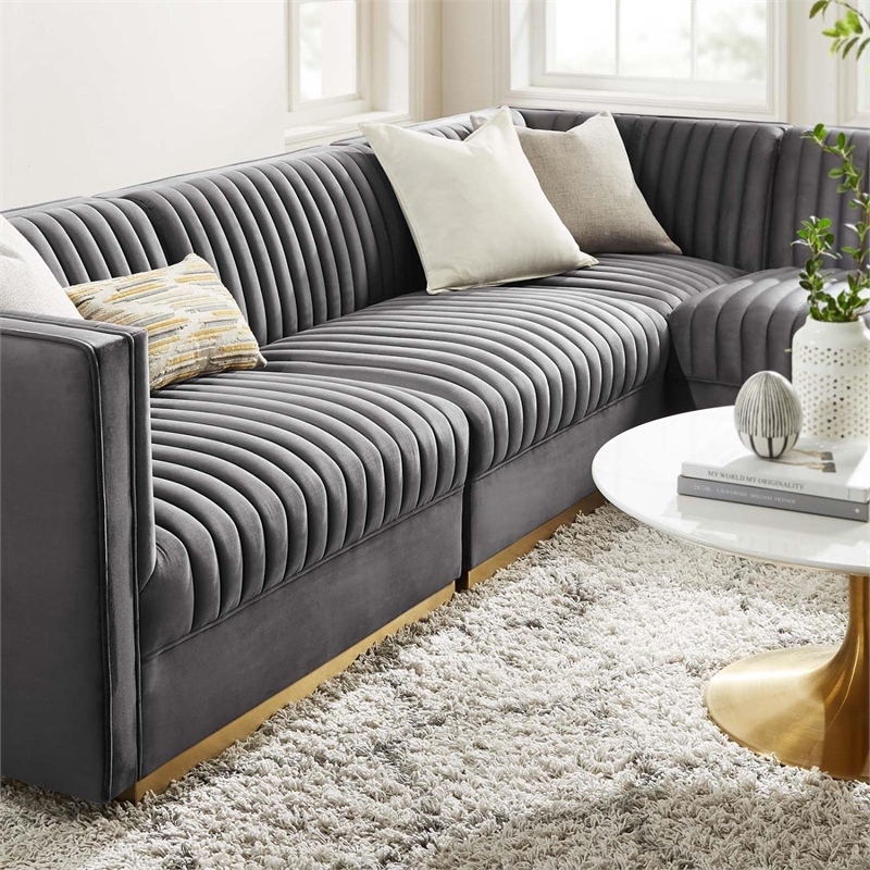 Modway Sanguine 4-Piece Velvet Right-Facing Modular Sectional Sofa in Gray