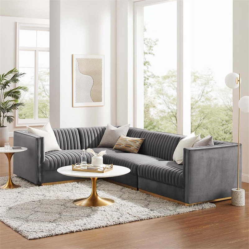 Modway Sanguine 4-Piece Velvet Left-Facing Modular Sectional Sofa in Gray