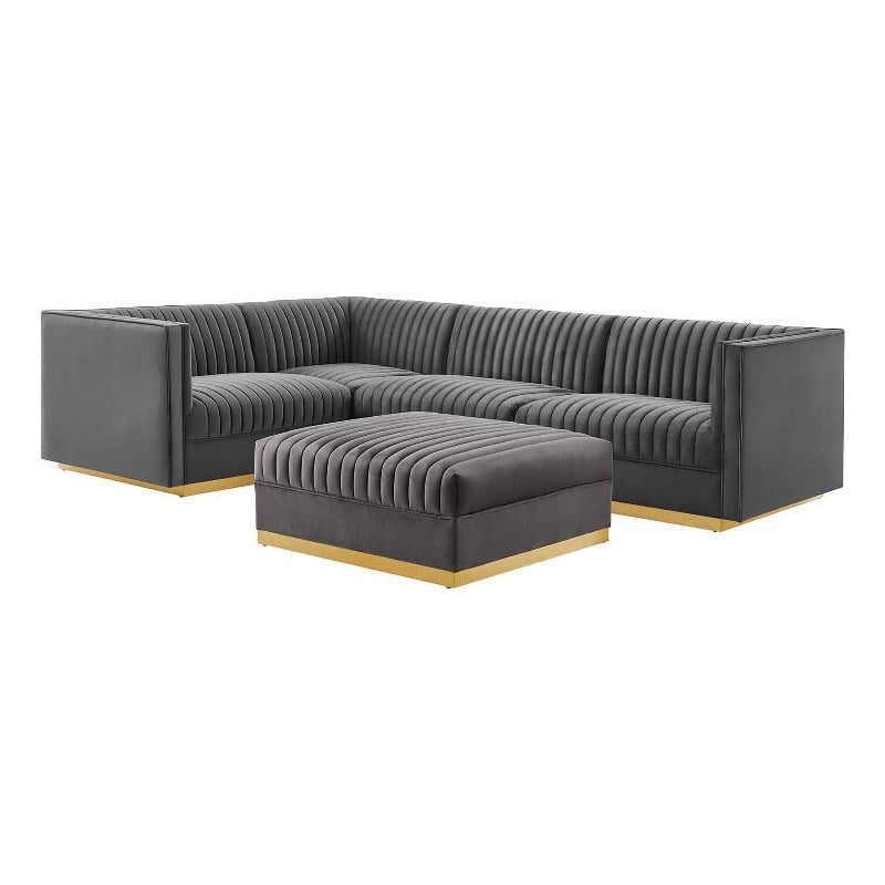 Modway Sanguine 5-Piece Velvet Left-Facing Modular Sectional Sofa in Gray