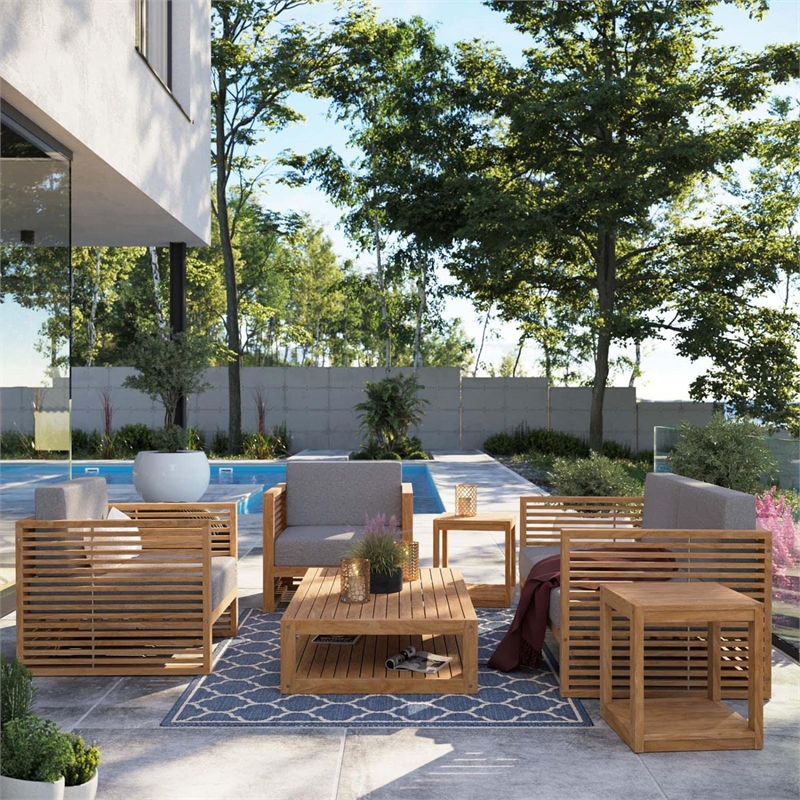 Modway Carlsbad 6-Piece Teak Wood Outdoor Patio Set in Natural/Gray