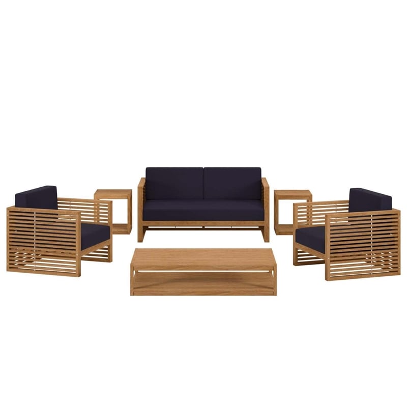 Modway Carlsbad 6-Piece Teak Wood Outdoor Patio Set in Natural/Navy