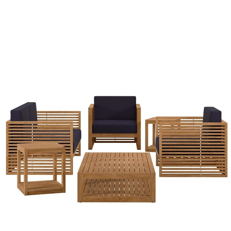 Modway Carlsbad 6-Piece Teak Wood Outdoor Patio Set in Natural/Navy