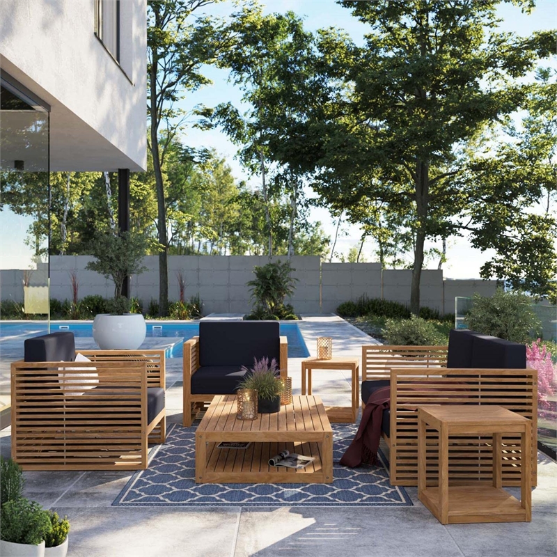 Modway Carlsbad 6-Piece Teak Wood Outdoor Patio Set in Natural/Navy