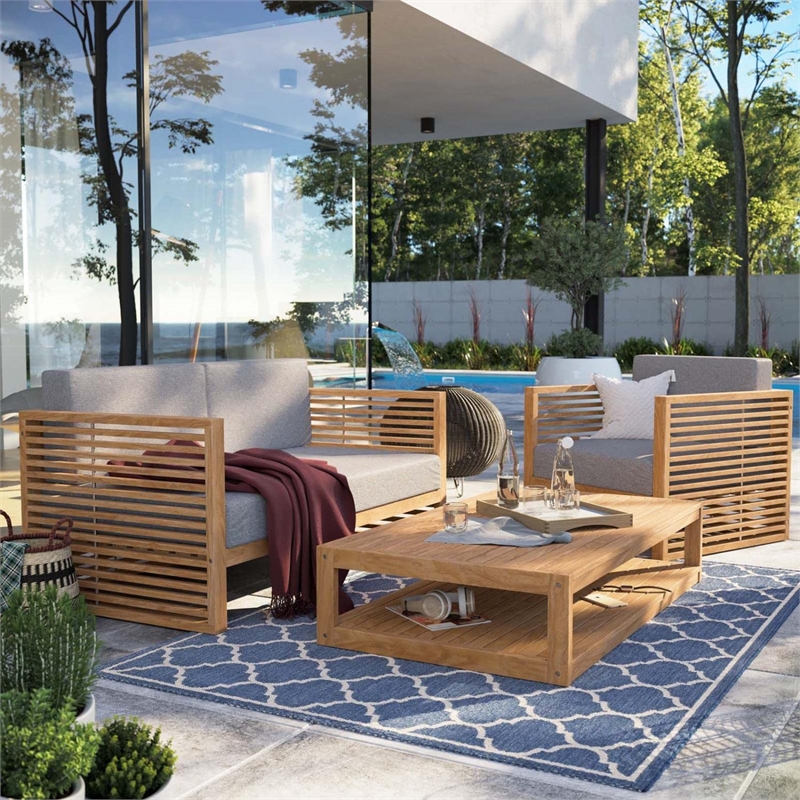 Modway Carlsbad 3-Piece Teak Wood Outdoor Patio Set in Natural and Gray