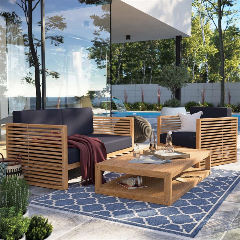 Modway Carlsbad 3-Piece Teak Wood Outdoor Patio Set in Natural and Navy
