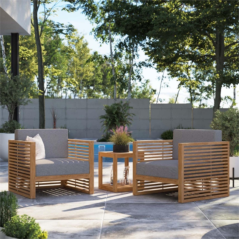 Modway Carlsbad 3-Piece Teak Wood Outdoor Patio Set in Natural/Gray