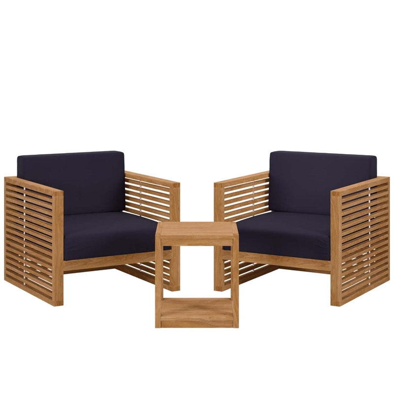 Modway Carlsbad 3-Piece Teak Wood Outdoor Patio Set in Natural/Navy