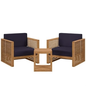 Modway Carlsbad 3-Piece Teak Wood Outdoor Patio Set in Natural/Navy