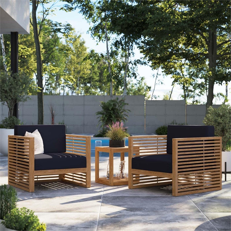 Modway Carlsbad 3-Piece Teak Wood Outdoor Patio Set in Natural/Navy