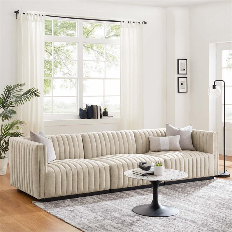 Modway Conjure Channel Tufted Upholstered Fabric Sofa in Black/Beige