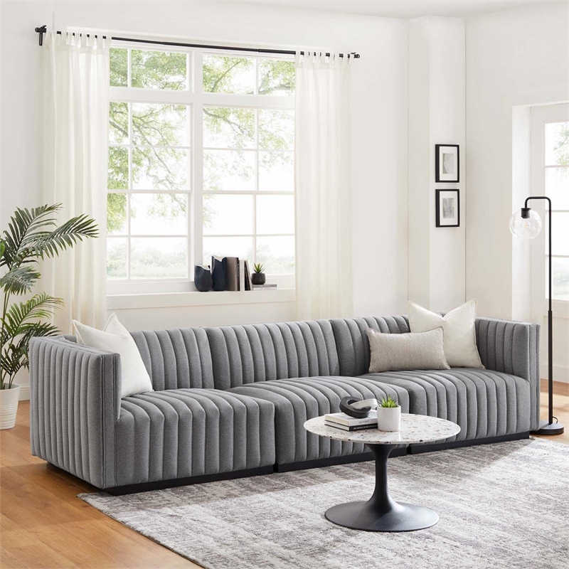 Modway Conjure Channel Tufted Upholstered Fabric Sofa in Black/Light Gray