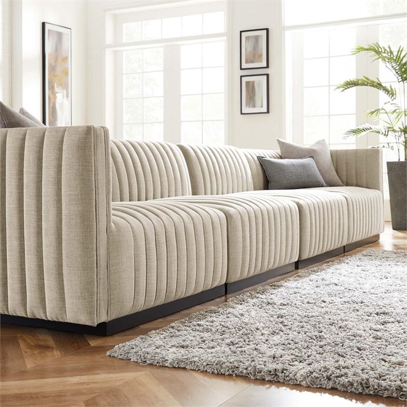 Modway Conjure 4-Piece Channel Tufted Fabric Sofa in Black/Beige