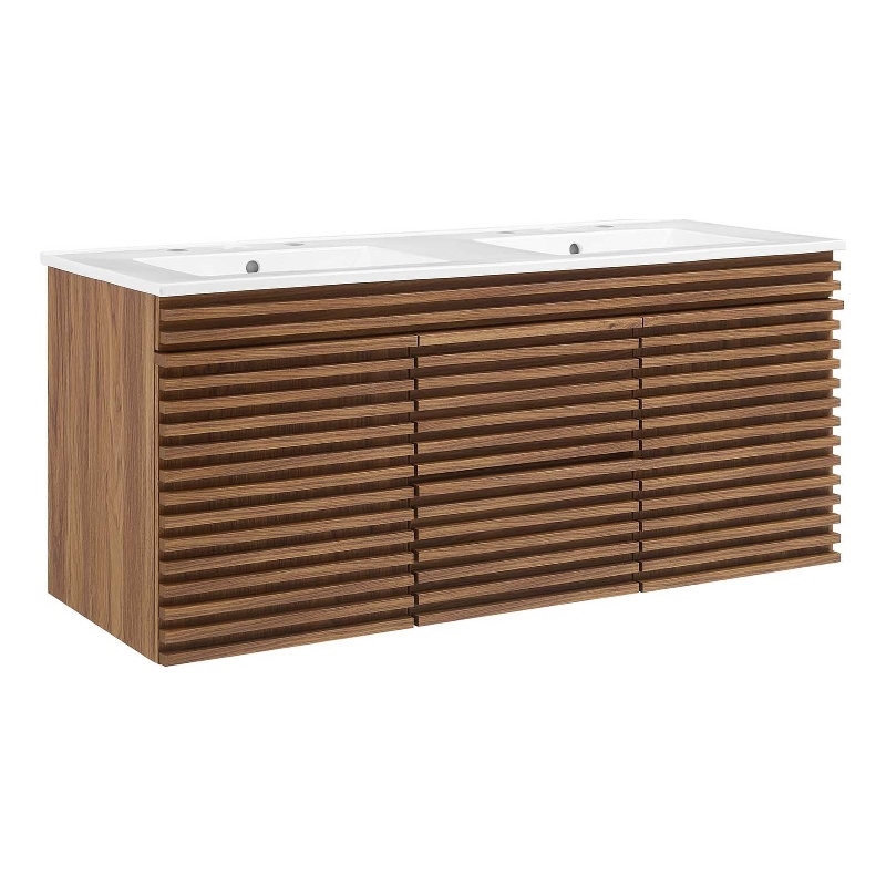 Modway Render 48" Wood WallMount Bathroom Vanity in Walnut/White