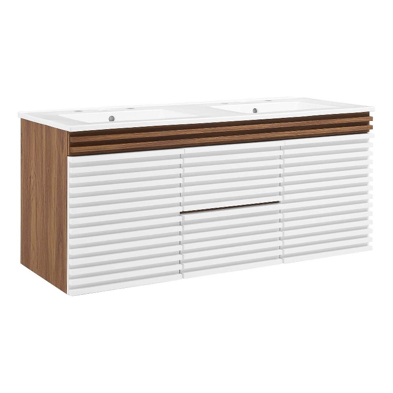 Modway Render 48" Wood WallMount Bathroom Vanity in White/Walnut