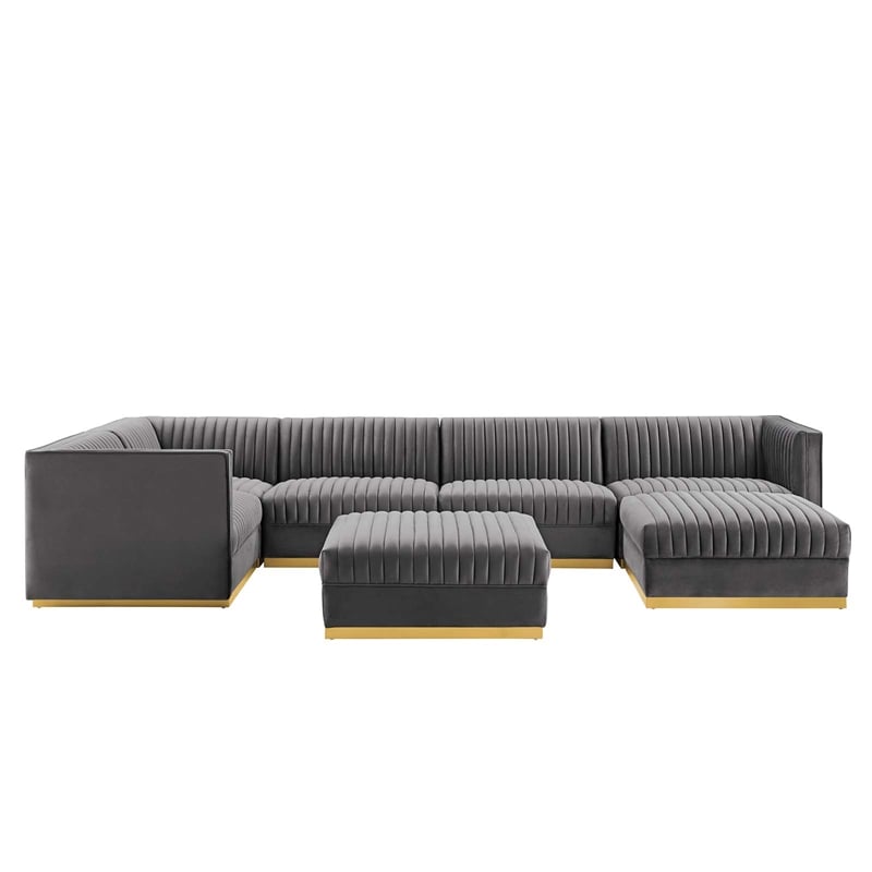 Modway Sanguine 7-Piece Velvet Left-Facing Modular Sectional Sofa in Gray
