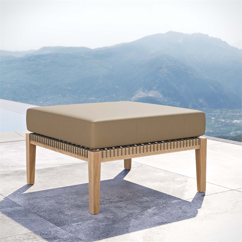 Modway Clearwater Teak Wood and Fabric Outdoor Ottoman in Gray/Light Brown