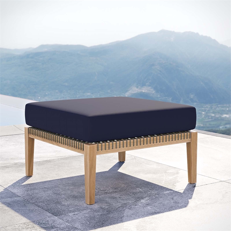 Modway Clearwater Teak Wood and Fabric Outdoor Ottoman in Gray/Navy
