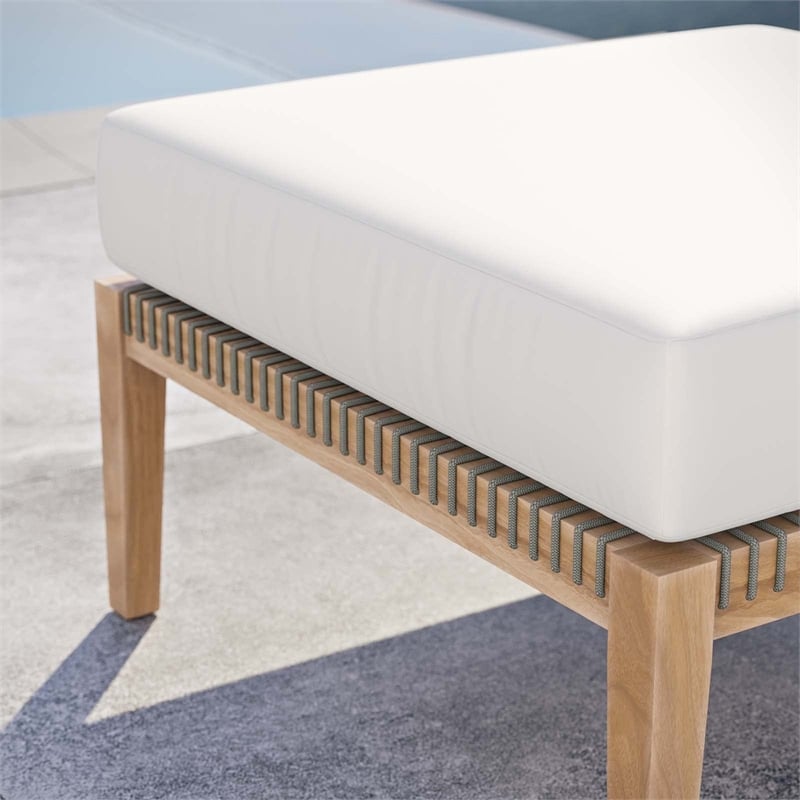 Modway Clearwater Teak Wood and Fabric Outdoor Ottoman in Gray/White