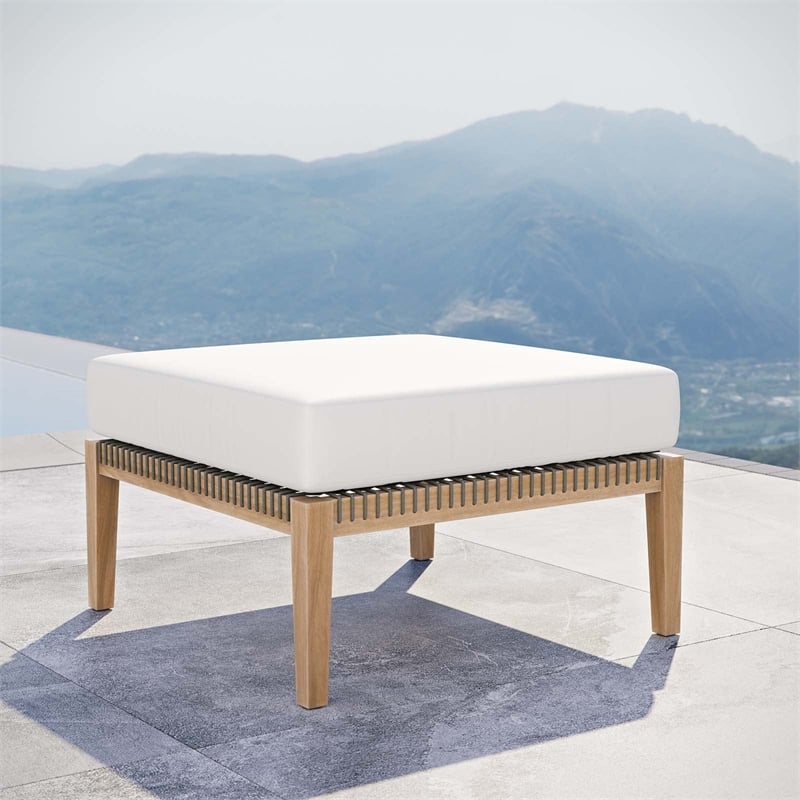 Modway Clearwater Teak Wood and Fabric Outdoor Ottoman in Gray/White