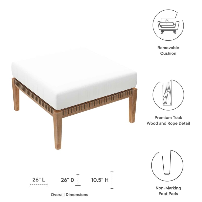 Modway Clearwater Teak Wood and Fabric Outdoor Ottoman in Gray/White