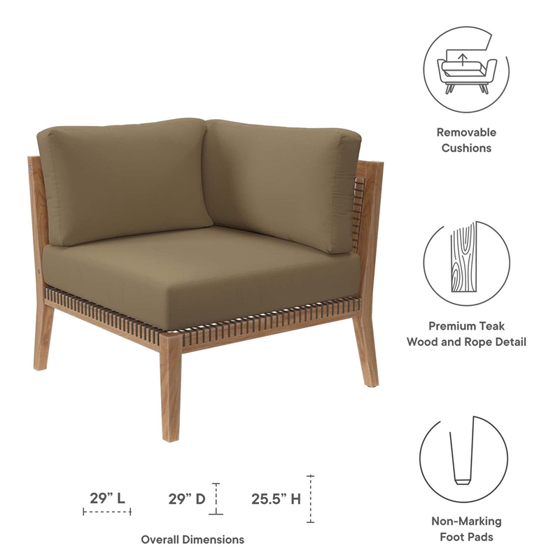 Modway Clearwater Teak Wood and Fabric Outdoor Corner Chair in Gray/Light Brown