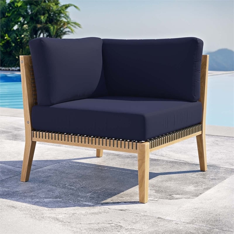 Modway Clearwater Teak Wood and Fabric Outdoor Corner Chair in Gray/Navy