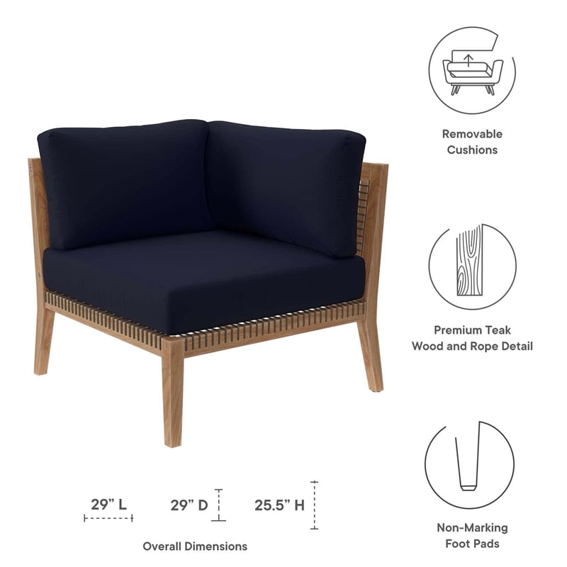 Modway Clearwater Teak Wood and Fabric Outdoor Corner Chair in Gray/Navy