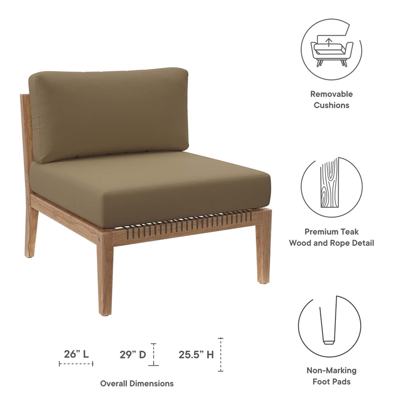 Modway Clearwater Teak Wood and Fabric Outdoor Armless Chair in Gray/Light Brown