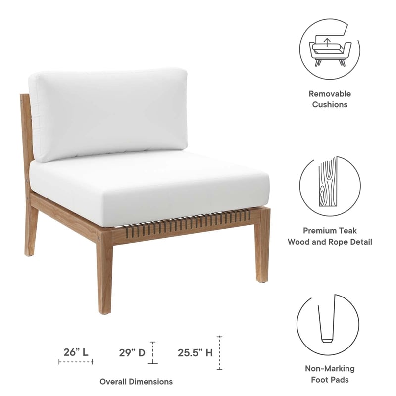 Modway Clearwater Teak Wood and Fabric Outdoor Armless Chair in Gray/White