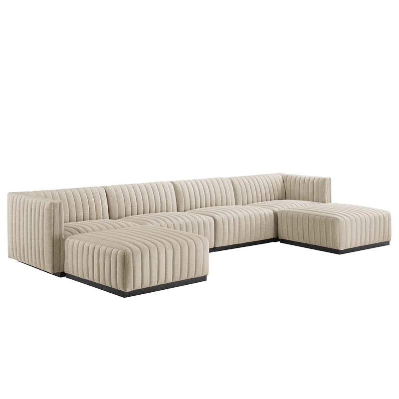 Modway Conjure 6-Piece Channel Tufted Fabric Sectional Sofa in Black/Beige